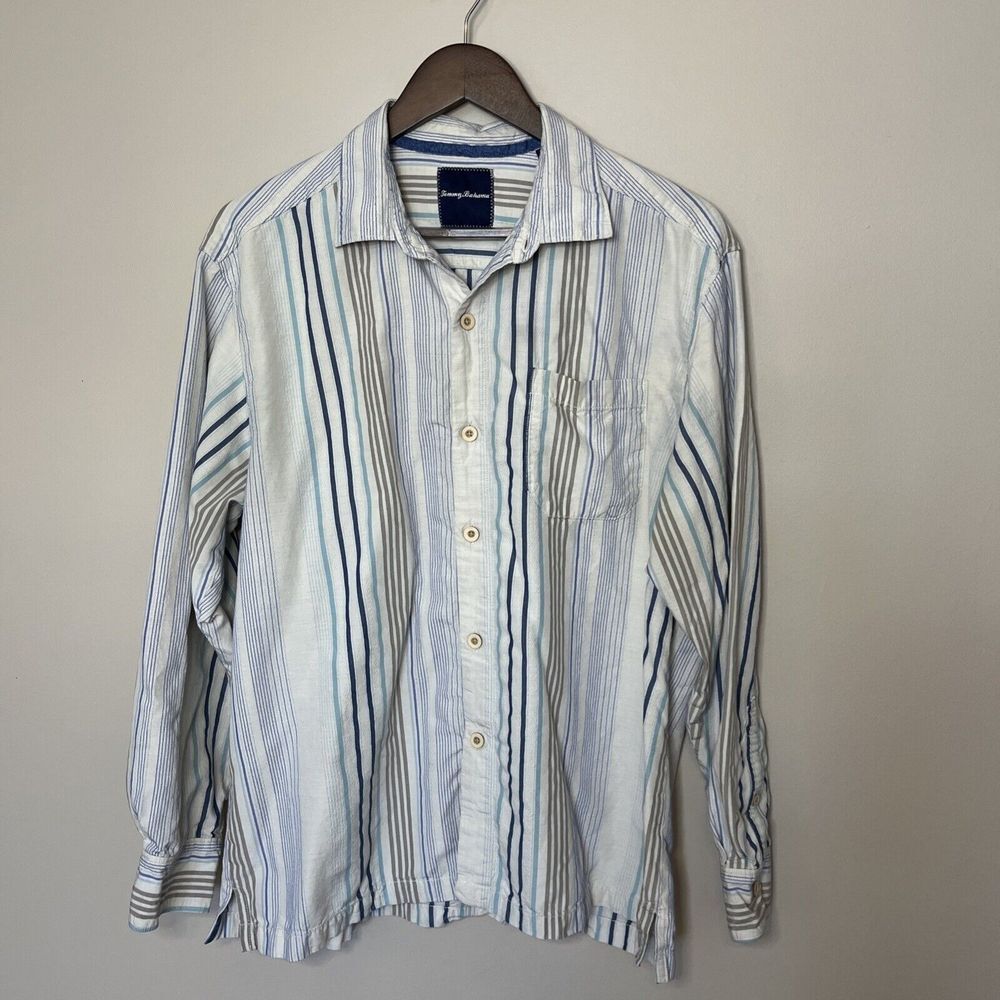 Tommy Bahama Texture Stripe Men's Shirt Button LARGE Silk Cotton Long Sleeve‎